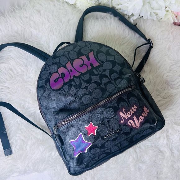 Coach Handbags - Coach Smoke & Black Graffiti Medium Charlie Leather Backpack